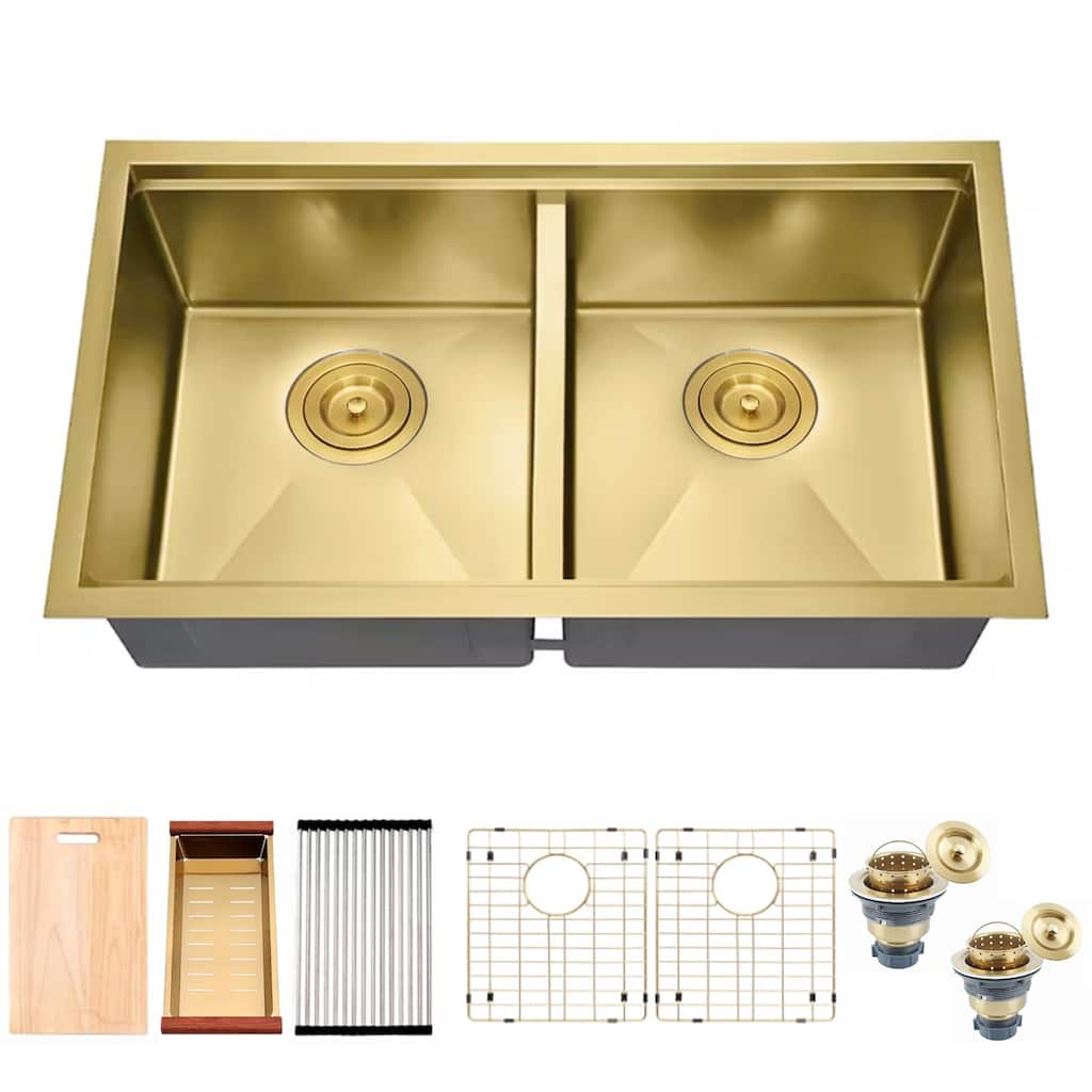 CB HOME 32'' Gold Undermount & Drop in Double Bowl Kitchen Sink, 50/50 Black /Stainless Steel Kitchen Sink with Accessories