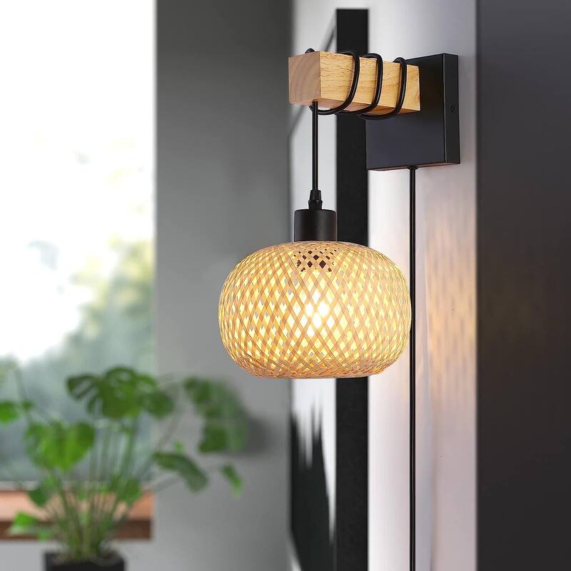 Bamboo Rattan Lantern Lampshade Wood Beam Wall Mounting Hanging Lamp,Industrial Modern Wire Plug in Wall Sconce for Bedroom - Black