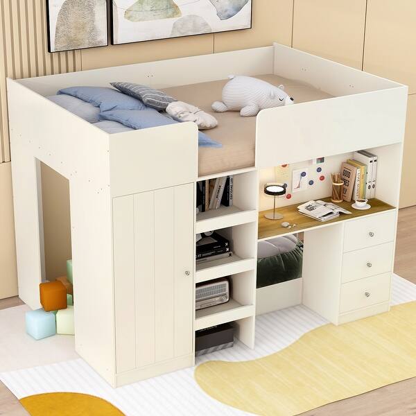 slide 2 of 27, Wood Full Size Loft Bed with Built-in Wardrobe, Desk, Storage Shelves and Drawers, Wooden Support Bed Frame No Spring Box Needed Beige