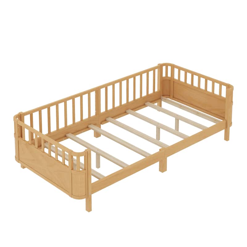 Multi Size Low Platform Bed for Kids with Rounded Corners Guardrails, Detachable Right-side Fence and Open Left-side Design
