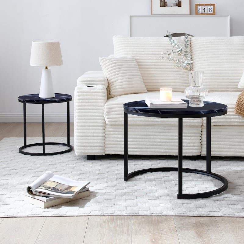 Versatile Nesting Coffee Table Set of 2 with Round Wooden Top and Metal Frame Base Modern Simple Side Table End Table Nightstand - Black
