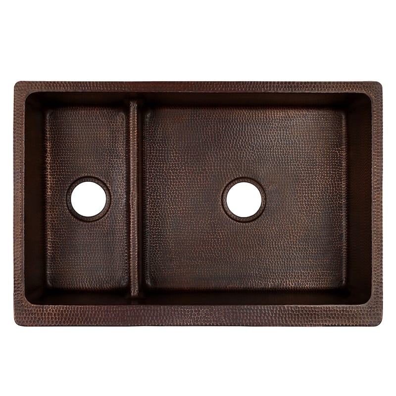 33-in Hammered Copper Kitchen Apron 30/70 Double Basin Sink with Short 5-in Divider w/ Accessories (KSP3_KA30DB33229-SD5)