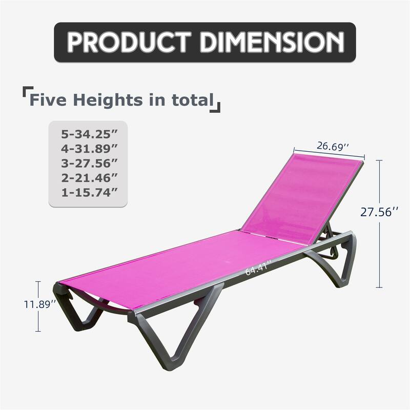 All Weather Reclining Chair for Patio with 5 Position Adjustable Backrest and Wheels, 2 Pieces Aluminum Plastic Lounge Chaise