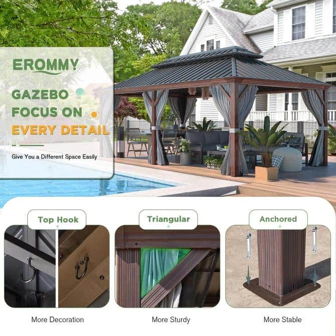 Erommy Hardtop Gazebo with Aluminum Frame and Double Roof, Permanent Outdoor Gazebo Includes Curtains&Netting for Patio Backyard