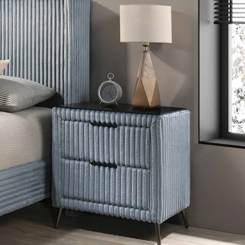 Corduroy Nightstand - Upholstered w/ 2 Drawers - Blue