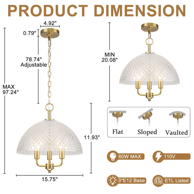 Brushed Gold 3-Light Pendant Light with Half-Dome Grid Shade Dining - Dia.15.75-in