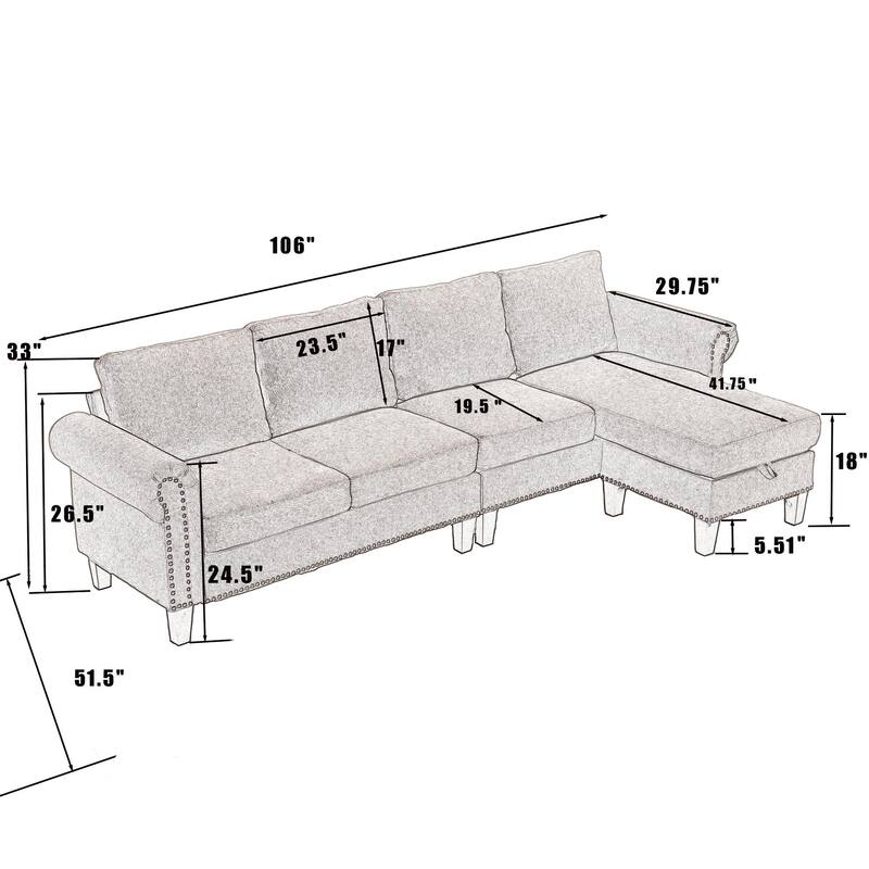 106Inch 4 Seater Convertible Sectional Sofa Couch with Storage Ottoman