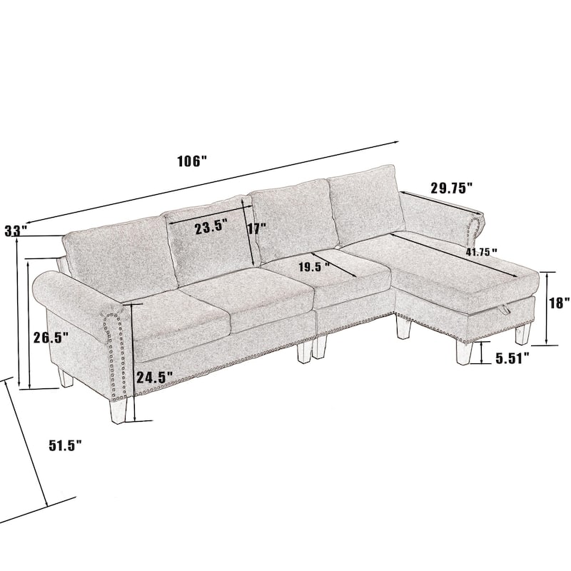 Linen Fabric Sectional Sofa, L-shaped Upholstered Sofa with Storage, Modern Rolled Arms Couch for living room