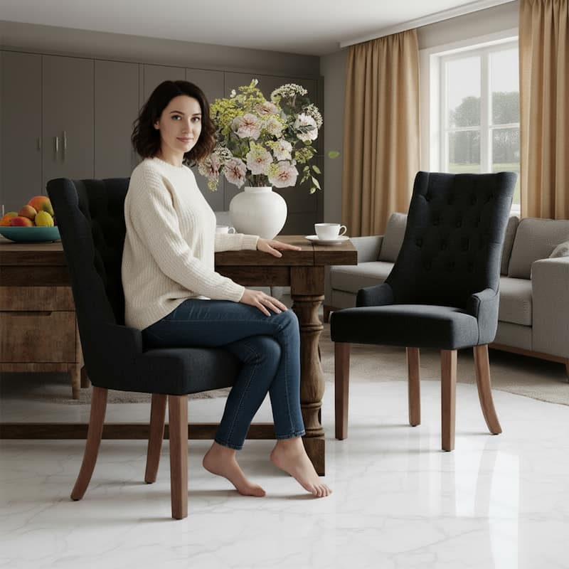 Wingback Upholstered Dining Chairs, Fabric Side with Tufted Button