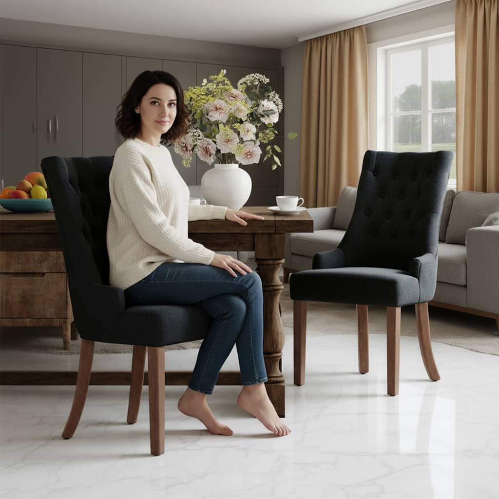 Wingback Upholstered Dining Chairs, Fabric Side with Tufted Button