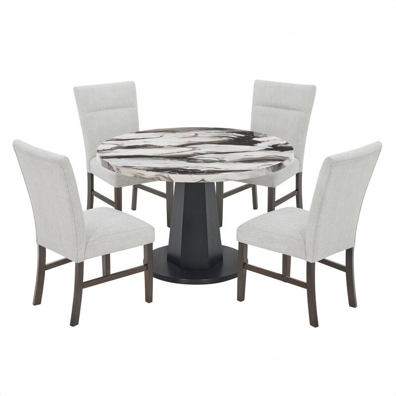 Roundhill Furniture Cavira 5-Piece Modern Dining Set, Round Faux Marble Dining Table with Four Chairs