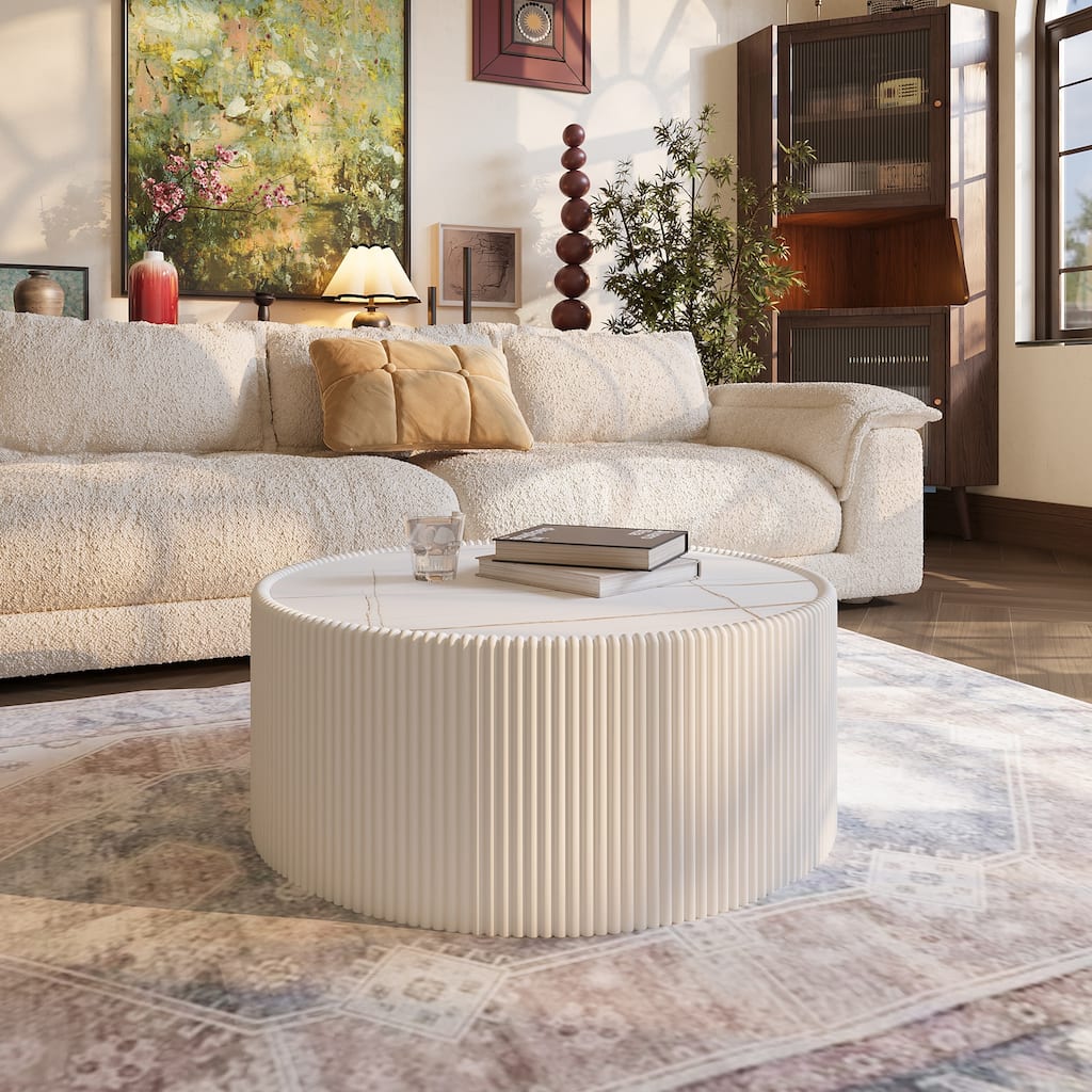 29.52" Modern Round Coffee Table with Marble Top & Leather Wrap, Living Room Table Elegant End Table Sofa Side Table