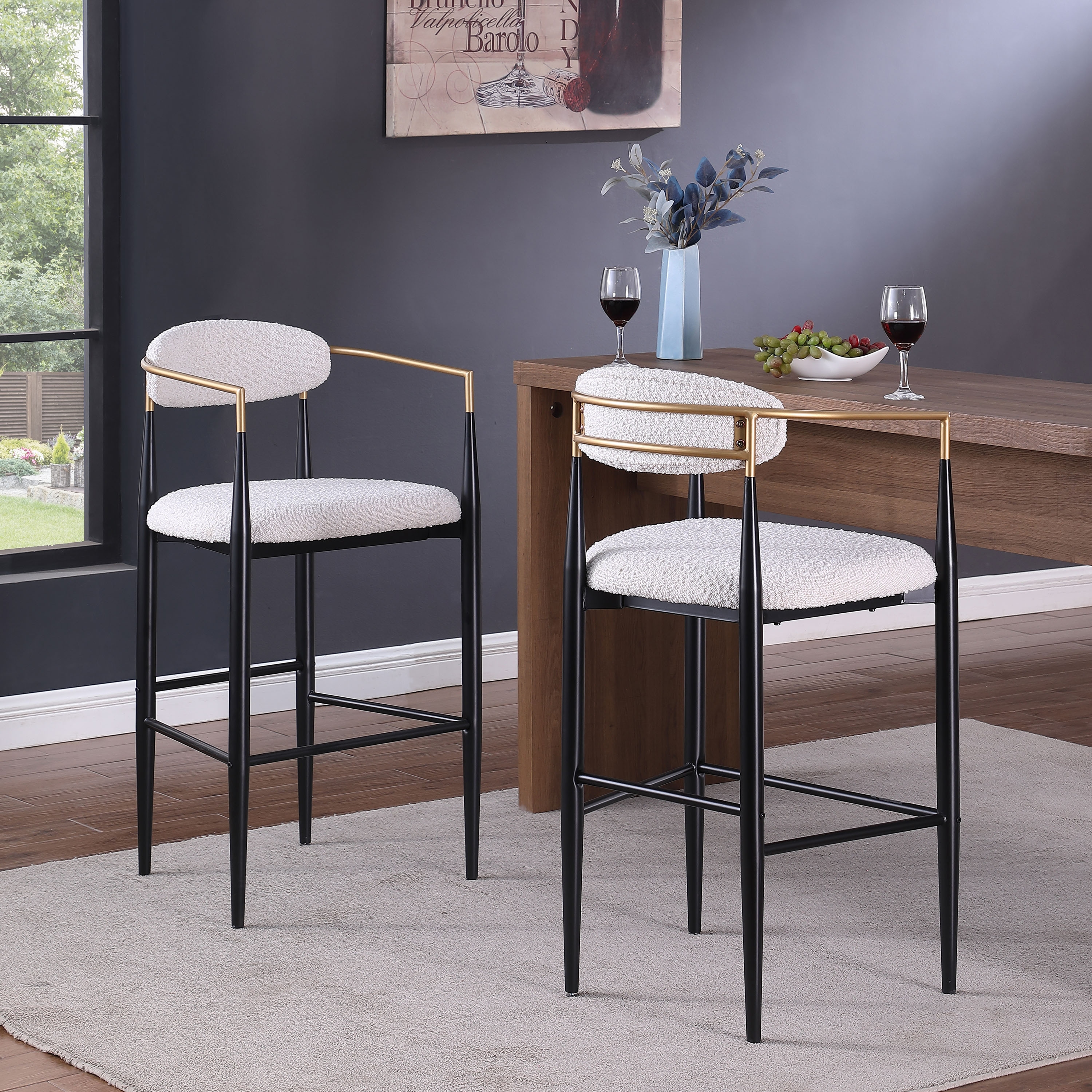 Counter Height Bar Stools Set of 2, Dining Bar Stool with Upholstered Seats, Kitchen Island Chairs with Backs and Iron Legs