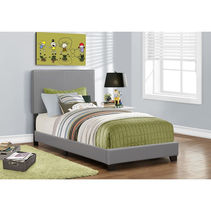 Grey Leather Look Twin Size Upholstered Platform Bed Frame - Grey