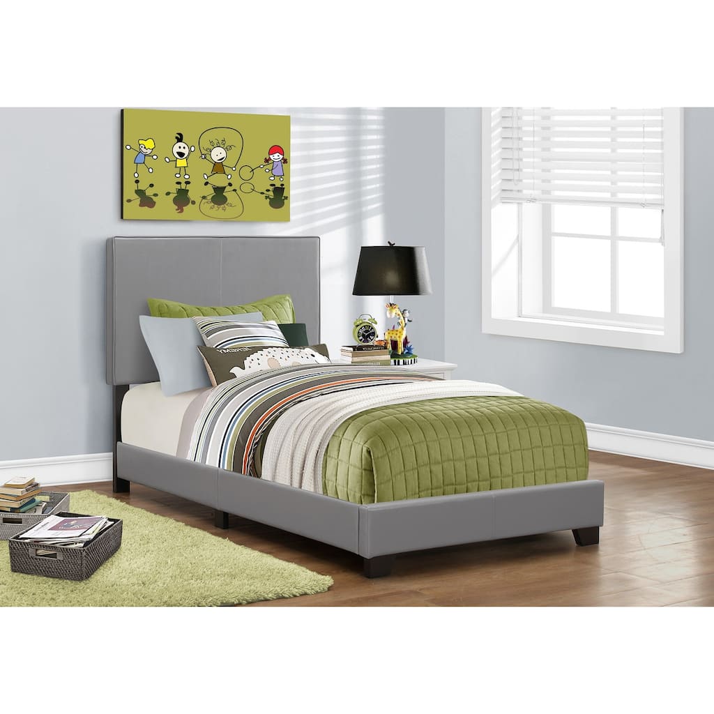 Grey Leather Look Twin Size Upholstered Platform Bed Frame