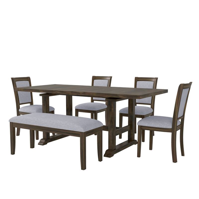 Roomfitters 6-Piece Dining Set, Rectangular Wood Kitchen Table with Trestle Base, 4 Upholstered Chairs and Bench