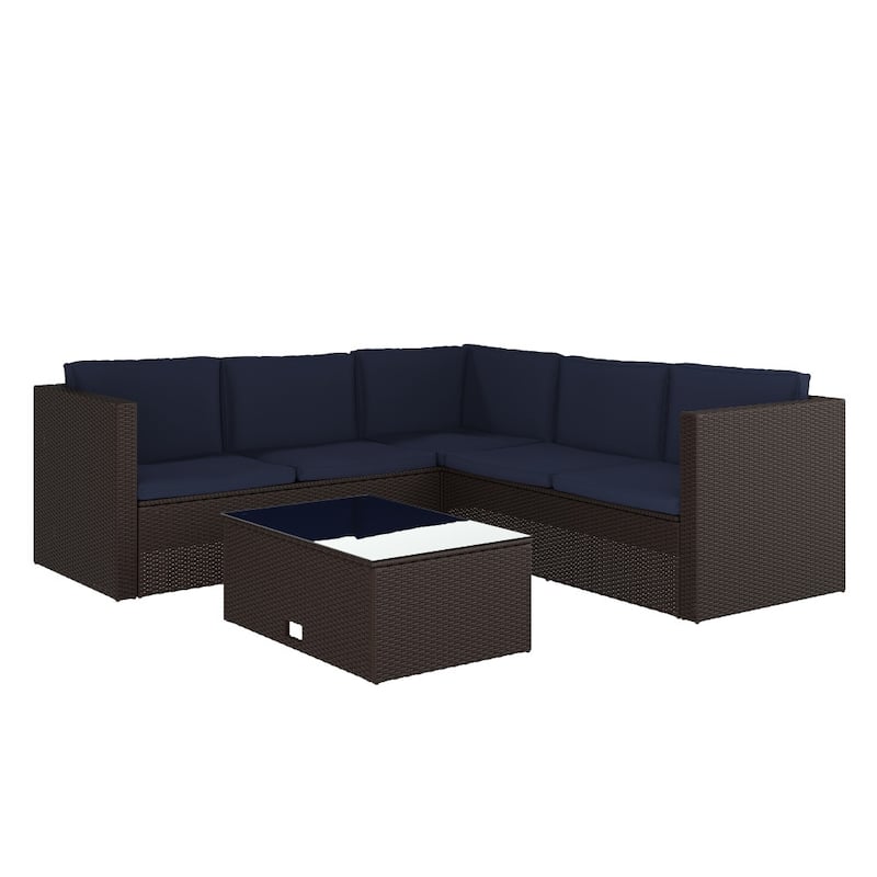 Indoor/Outdoor Patio Wicker Rattan Sofa and Table Set - Navy Cushions/Brown Frame