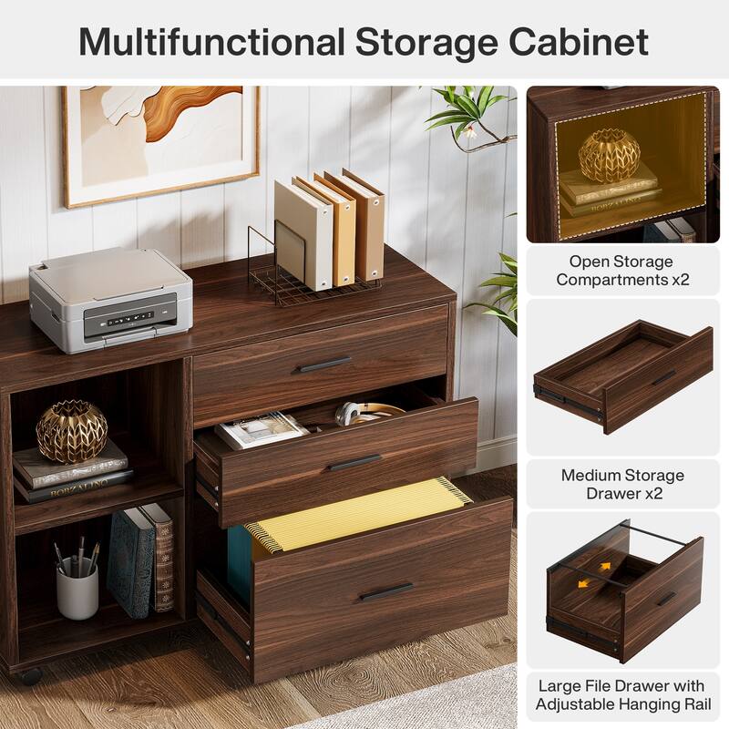 63" L Shaped Executive Office Desk with Mobile Lateral File Cabinet