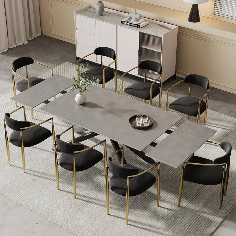 9 - Piece 102.36'' Extendable Rectangular Sintered Stone Dining Table with 8 Fabric Chairs Dining Set