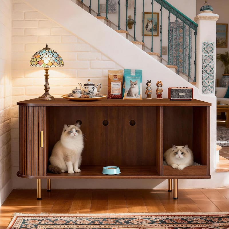 38.5" Cat Litter Box Enclosure with Scratch Pad and Sliding Door,Cat Hidden Litter Box Cabinet,Modern Indoor Cat House,TV Stand - Walnut