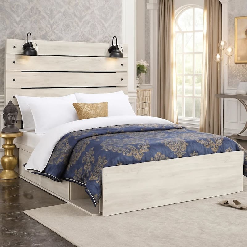 Cemy Rustic Queen Panel Bed, 2 Sconce Lights and Drawers, Whitewash