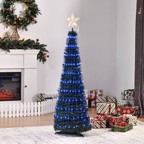 Outsunny 4.5 FT Pre-lit Slim Artificial Christmas Tree, Multi-Color RGB LED Light Holiday Home Xmas Decoration, Green