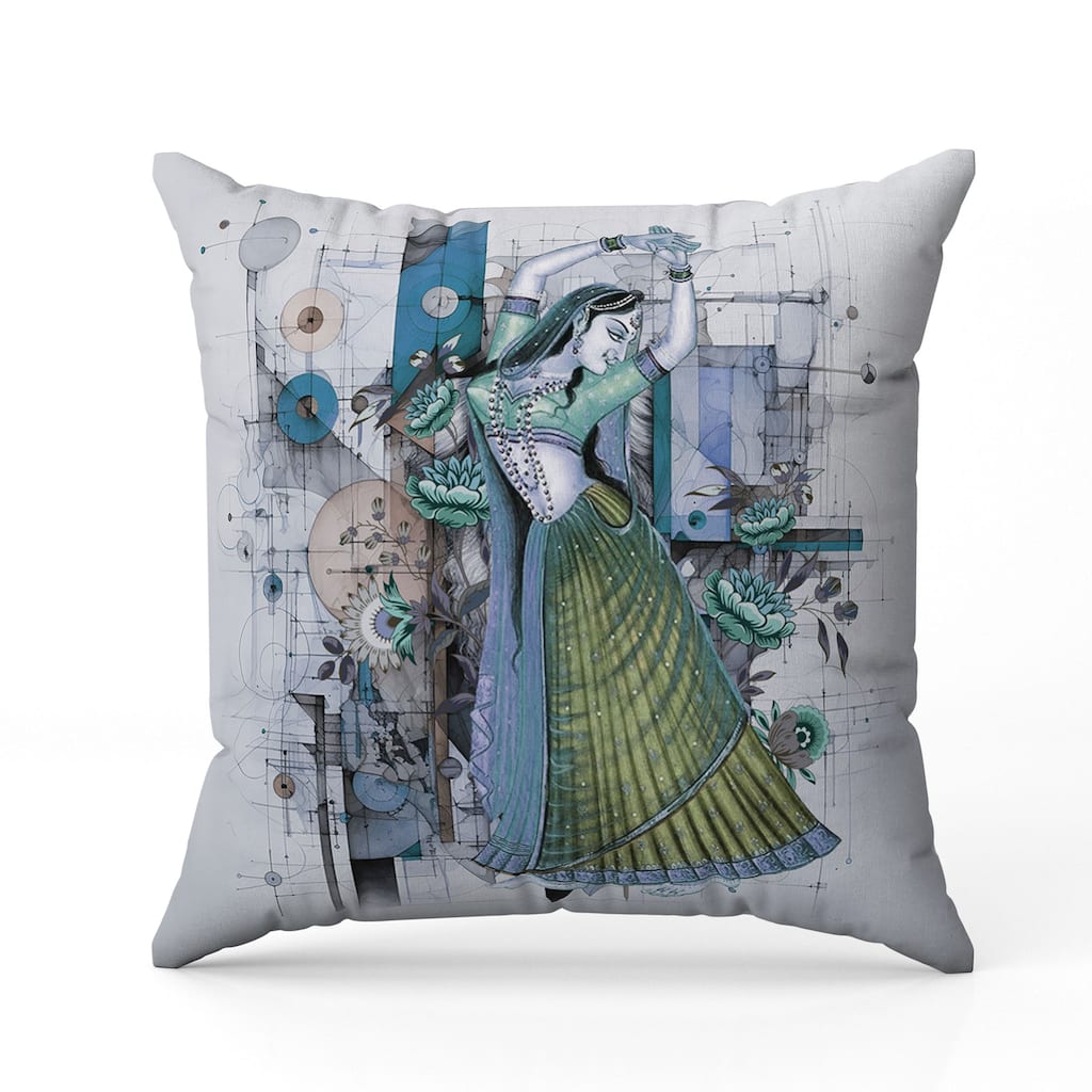 Gracefully Dancing Woman Indoor/Outdoor Reversible Throw Pillow Green and Blue