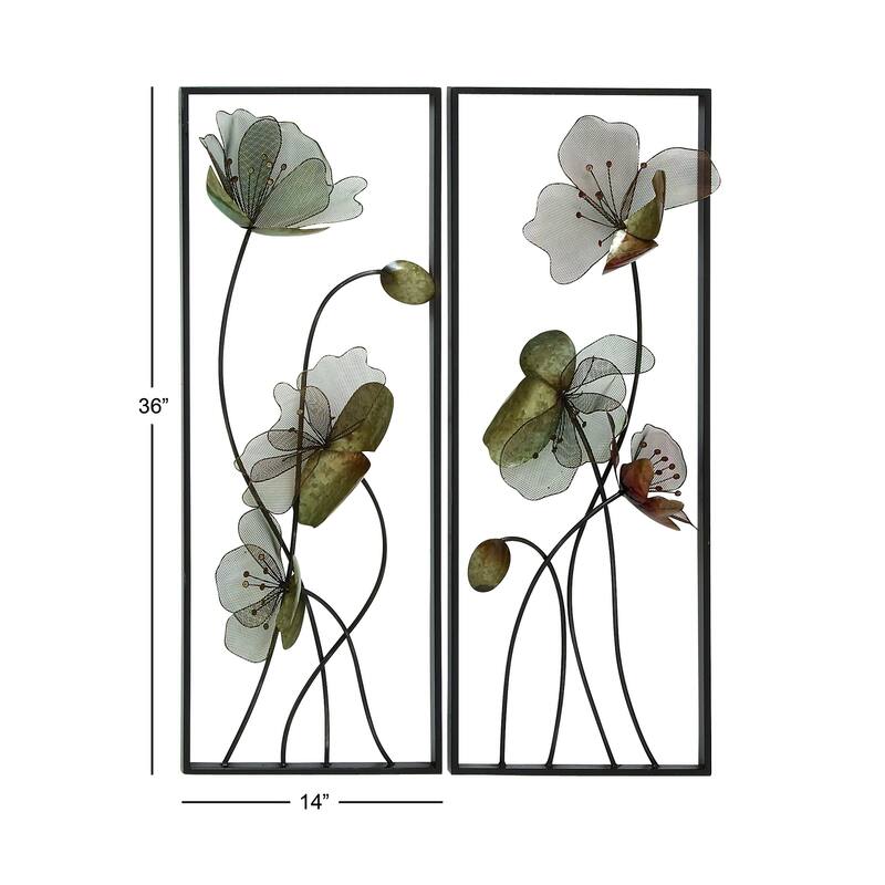 Black Metal Floral Home Wall Decor with Green and Orange Accents (Set of 2)