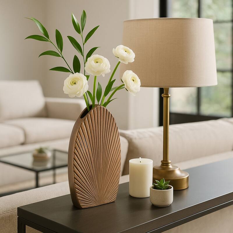 Decorative Metal Flower Vase With Grooved Detailing - Stylish Chic Home Accent Decor