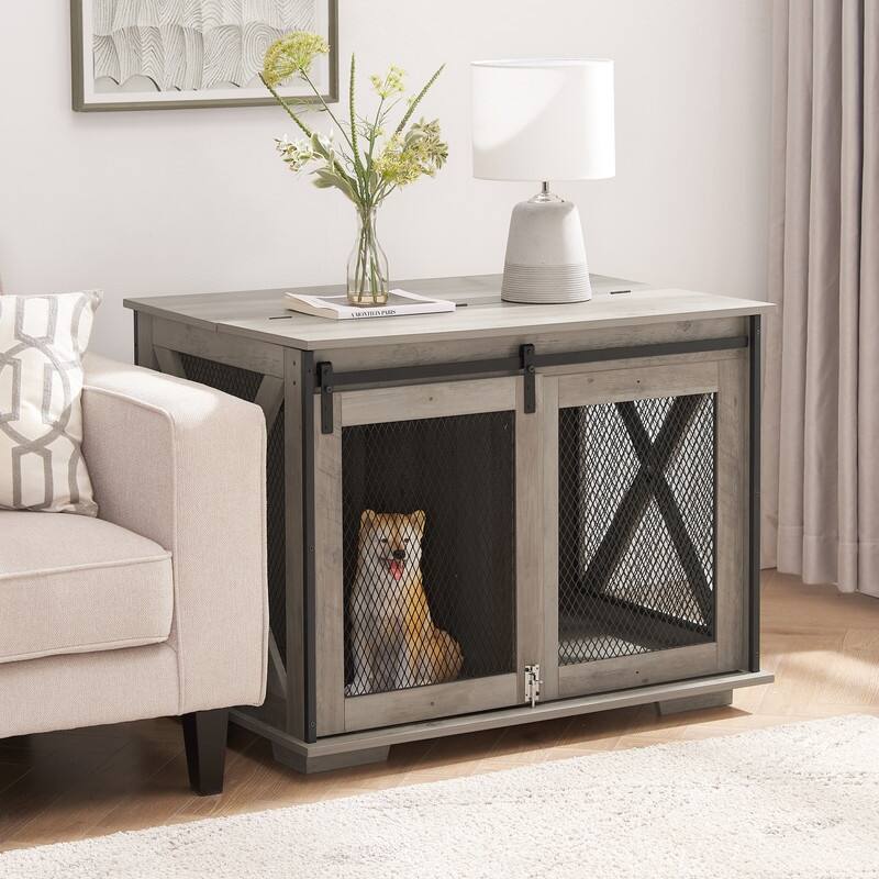 Farmhouse Dog Cage Crate Furniture with Sliding Door and Flip-Top Access for Secure Pet Space - Grey