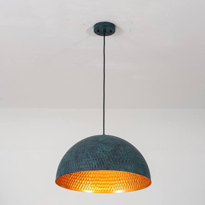 19.7" 1-Light Modern Industrial Black/Green Hand-Hammered Iron Dome Pendant Light for Dining Room