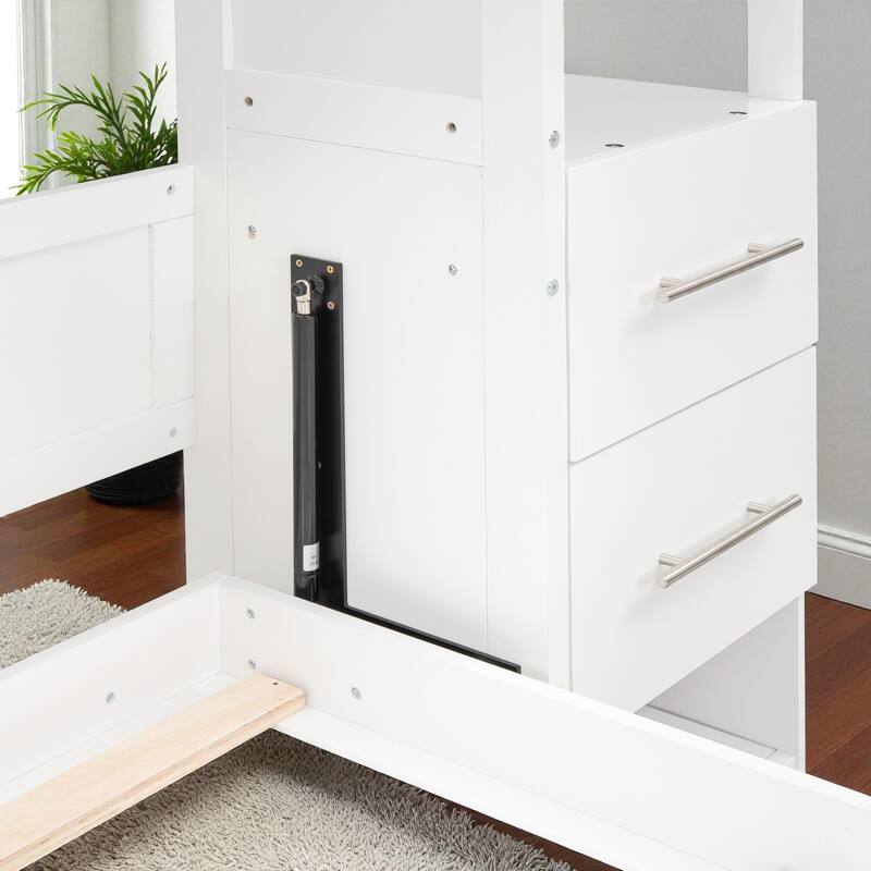 Queen Size Murphy Wall Bed with Shelves, Drawers and LED Lights, Space-Saving Foldable Bed for Guest Room or Home Office