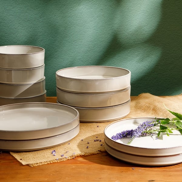 Bloomhouse Santorini Mist 16 Piece Double Bowl Terracotta Reactive Glaze Plates and Bowls Dinnerware Set - White