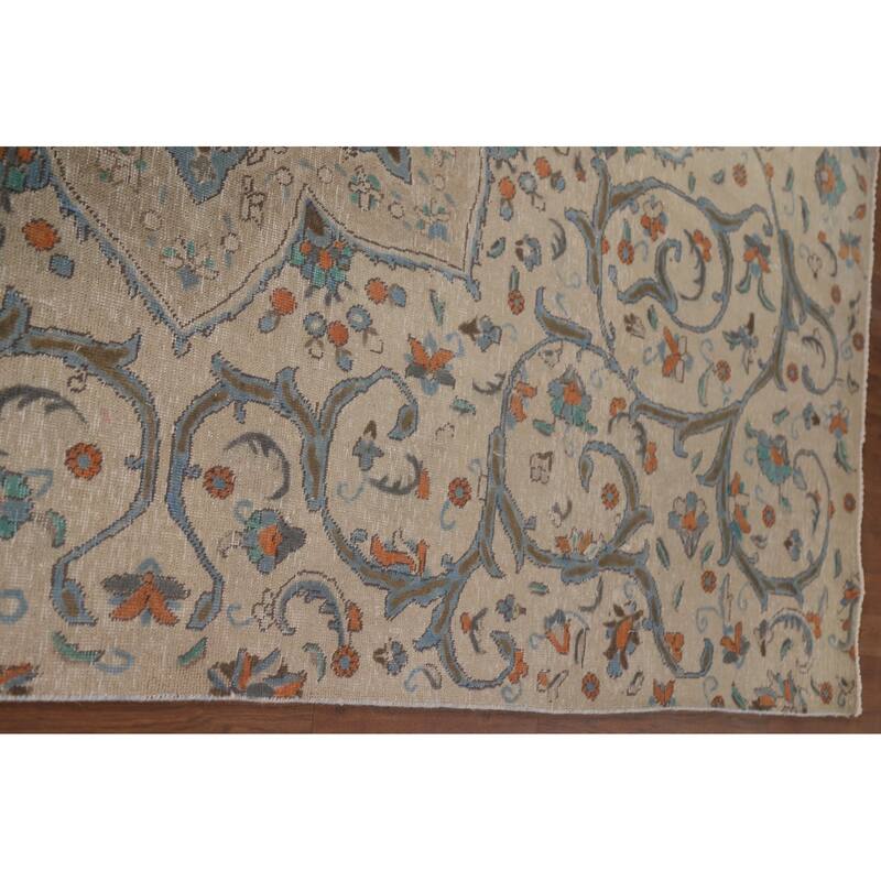 Hand Knotted Oriental 100% Wool Carpet Traditional Floral Beige & Ivories Tabriz Area Rug - 10' 1'' X 6' 10''