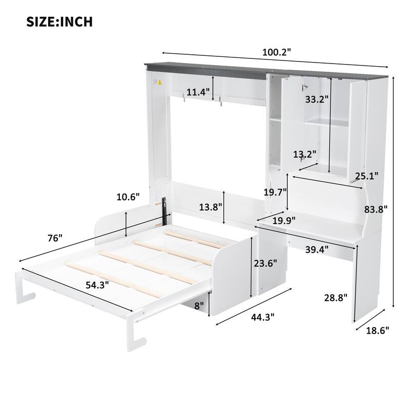 Roomfitters Multi-Functional Murphy Bed with Foldable Sofa, Built-in Desk, and Storage Cabinet, White
