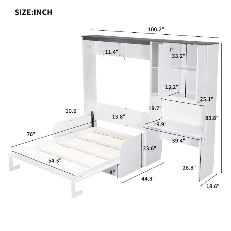 Space-saving Foldable Bed Design Murphy Bed Foldable Platform Bed with Sofa, All-in-one Storage Bookcase Cabinet and Desk