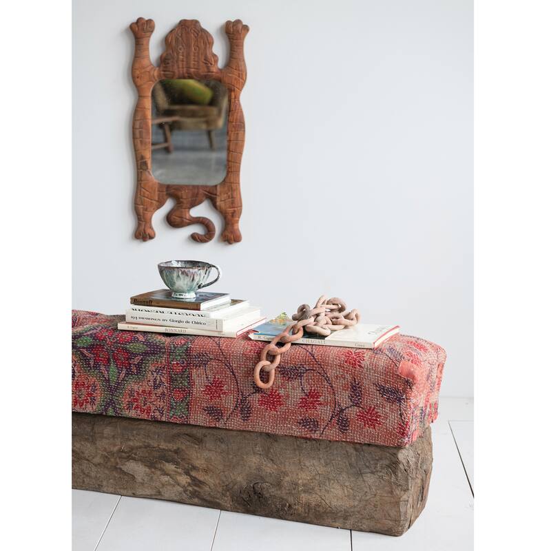 Carved Acacia Wood Framed Tibetan Tiger Shaped Wall Mirror, Natural - 13.5"L x 1.0"W x 25.5"H