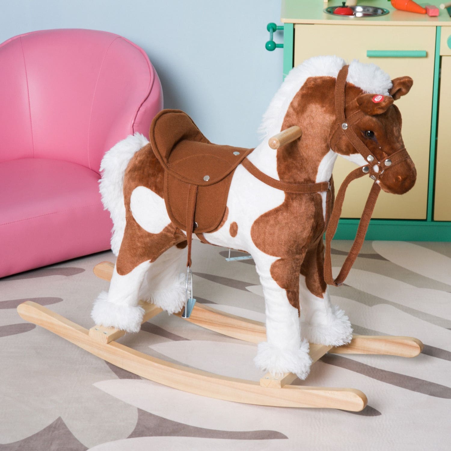 Qaba Kids Metal Plush RideOn Rocking Horse Chair Toy with Realistic Sounds Light Brown