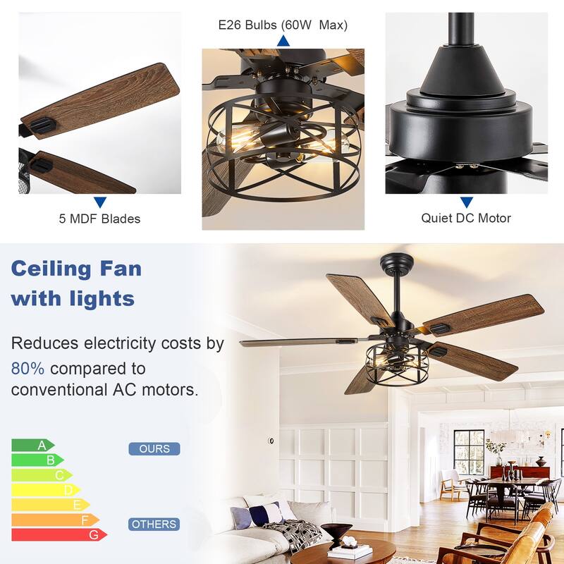 42-52Inch Caged Ceiling Fans with Lights: Dual Finish 5 Blades - Rustic with Remote Control (E26 Bulb Included)