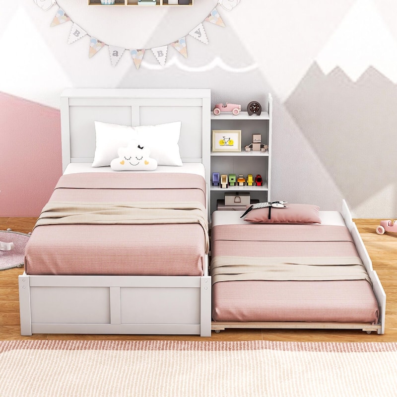 Gymax Full/Twin Wooden Platform Bed with Trundle Storage Headboard