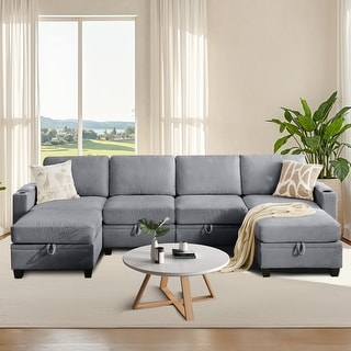 U-shaped Chenille Sectional Modular Sofa with 2 Ottomans & Storage ...