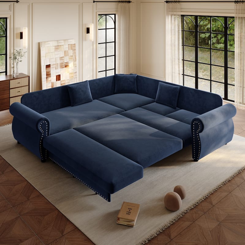 88.2" L-Shaped Sleeper Sectional Sofa with Pull-Out Bed - Chenille Convertible Couch, Nailhead Trim, for Living Room