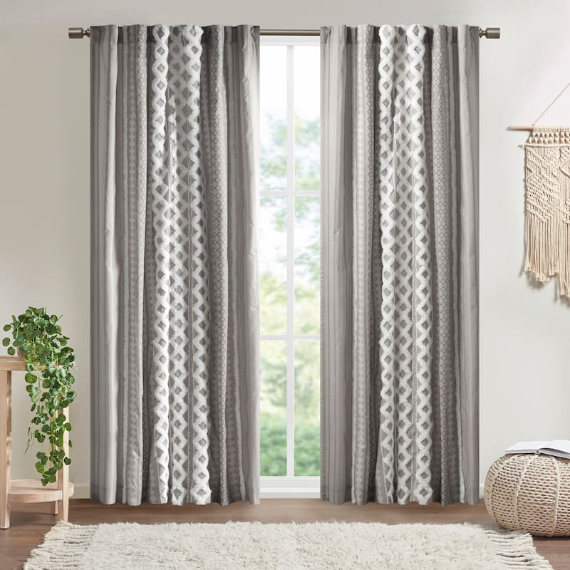 INK+IVY Imani Cotton Printed Single Curtain Panel with Chenille Stripe and Lining - 50x95" - Gray