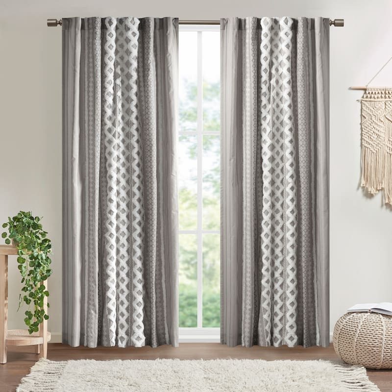 INK+IVY Imani Cotton Printed Curtain Panel with Chenille Stripe and Lining - 50x95" - Gray
