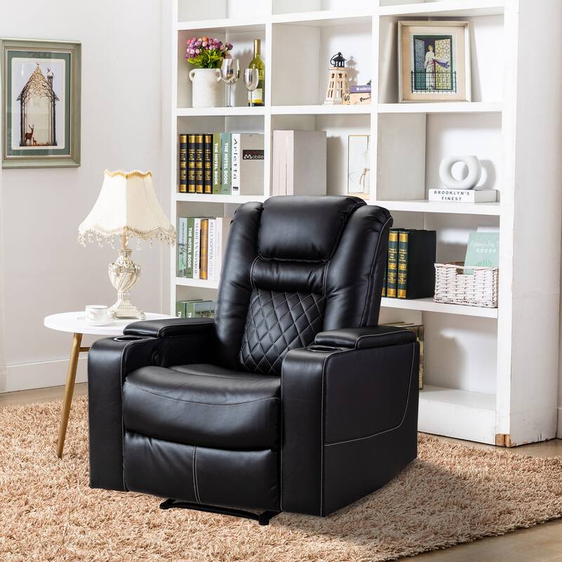 Breathable Leather Home Theater Seating with with USB Ports and Cup Holders - Black