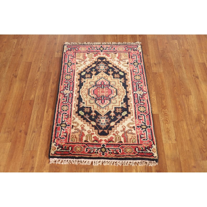 Hand Knotted Oriental 100% Wool Carpet Traditional Medallion Navy Blue & Blues Heriz (serapi) Area Rug - 3' 0'' X 2' 0''