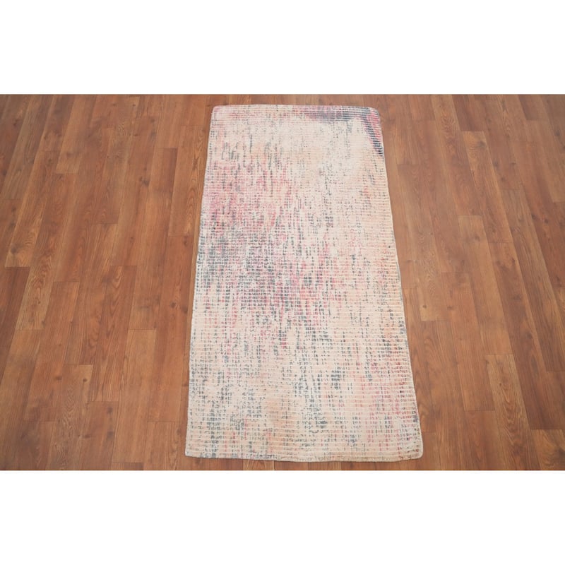 Hand Knotted Oriental Viscose Silk Carpet Modern All-Over Peach Abstract Area Rug - 4' 0'' X 2' 0''
