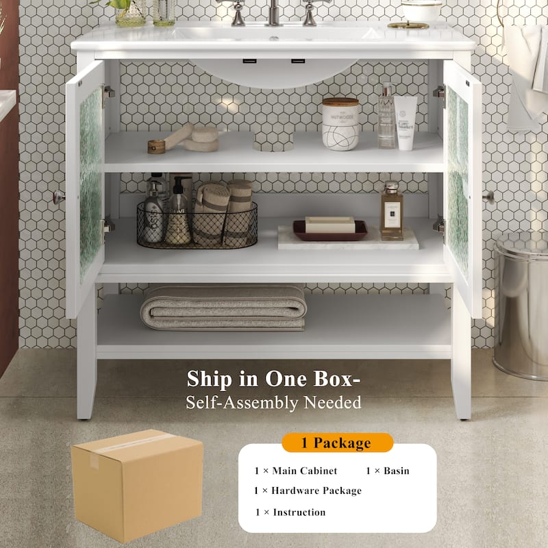 36" Bathroom Vanity Set with Ceramic Sink – Features Adjustable Shelf, Open Storage, Solid Wood Legs & Waterproof Finish.