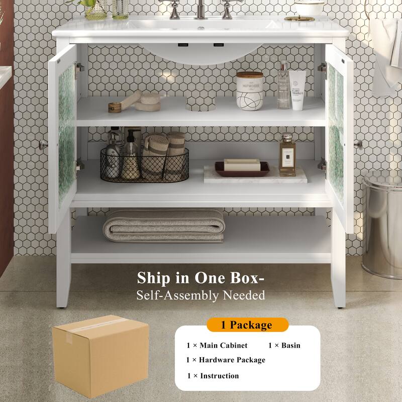 36" Storage Cabinet for Bathroom Vanity with Sink, Textured Glass Doors, Open Shelf, Silver Metal Knobs and Adjustable Shelf