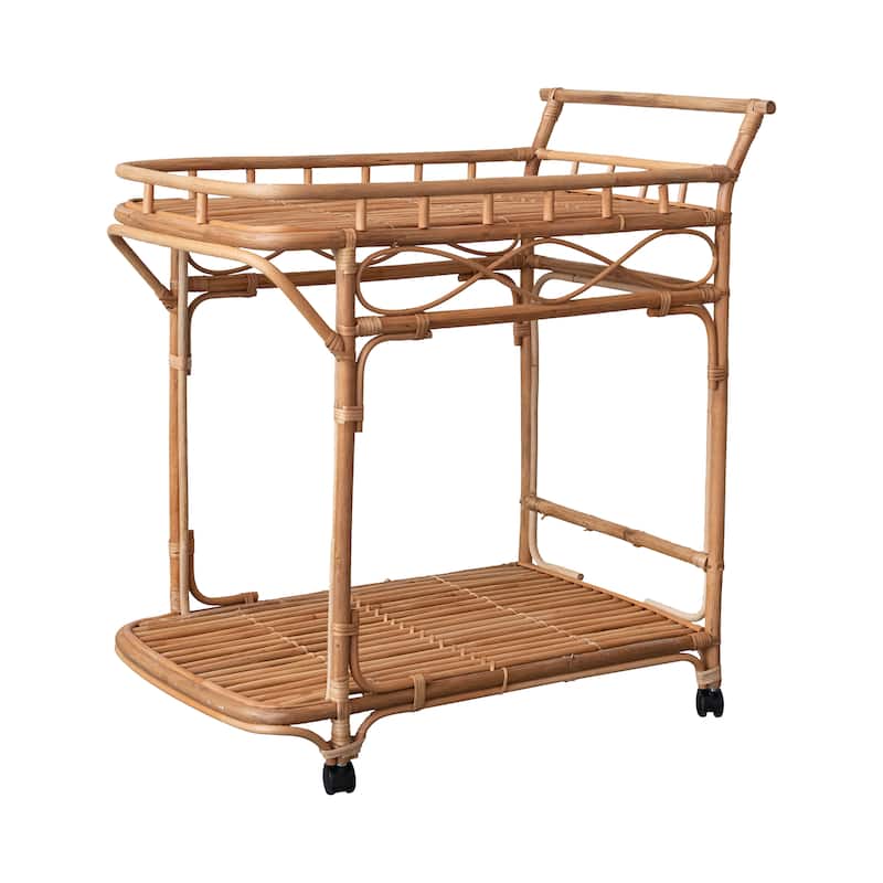 Hand-Woven Rattan 2-Tier Bar Cart on Wheels - 31.9"L x 19.3"W x 33.9"H